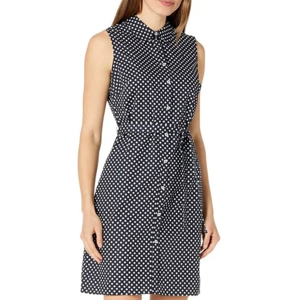 Tommy Hilfiger Navy/White Polka Dot Button Up Sleeveless Dress - Size 12